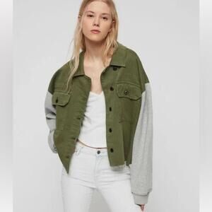 All Saints Morten Denim Utility Jacket with Sweatshirt Sleeves, size xs/s